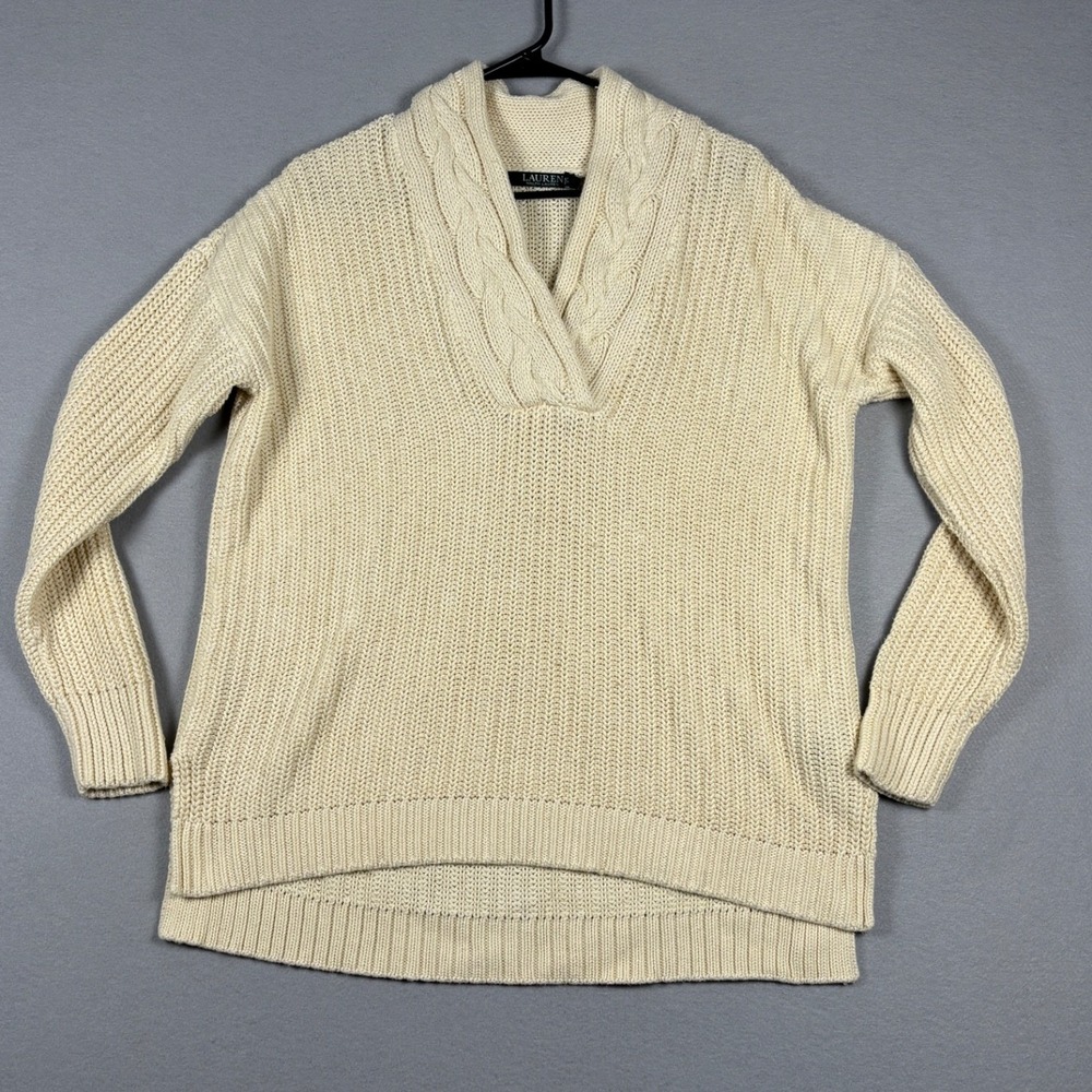 Lauren Ralph Lauren Cable Knit Shawl Collar Sweater M Cream Cotton Pullover